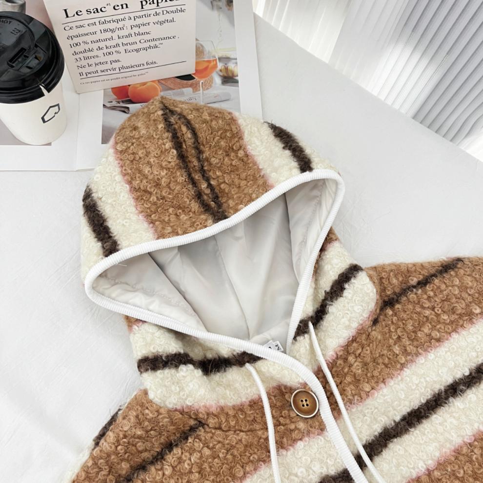 Xin Xing EONEE Women's Retro Striped Lamb Wool Hooded Jacket - Autumn/Winter