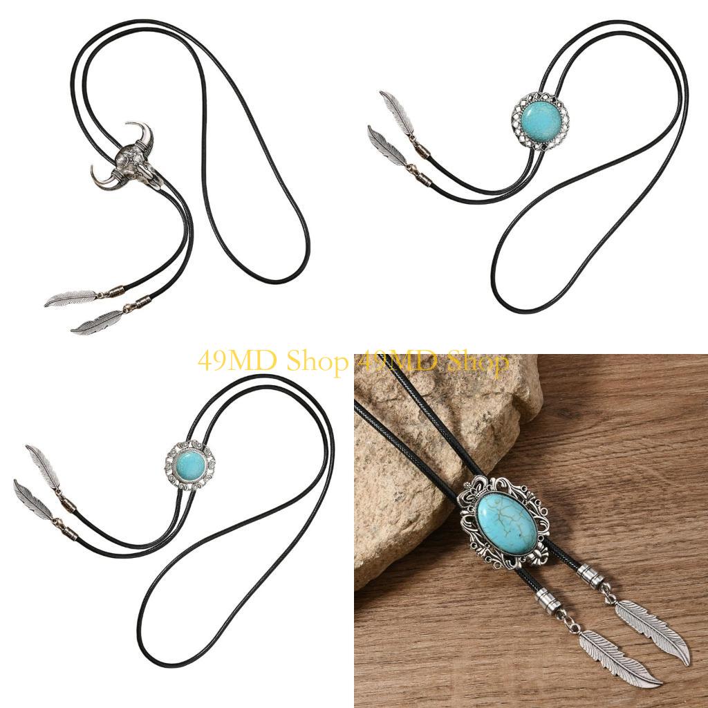 49MD Leather Rope Bolo Tie Vintage Turquoises Western Necklace with Pendant
