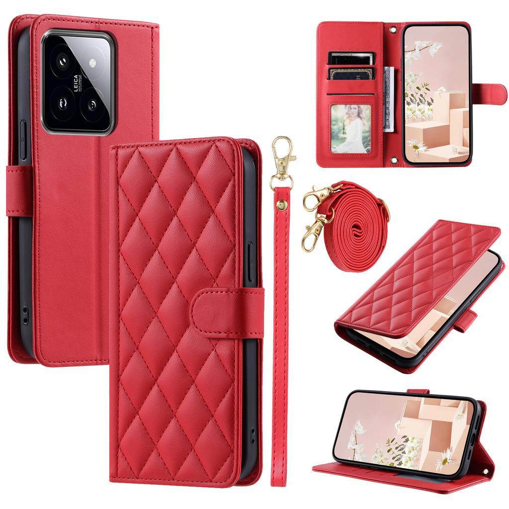For Xiaomi 14 Case Stand View PU Leather Flip Phone Cover with Strap