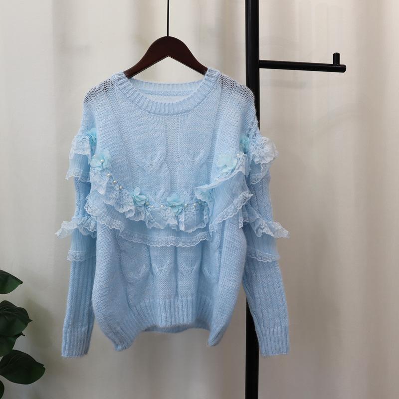 Heavy Industry Bead Splicing Mesh Flower Sweater Pullover Autumn and Winter New Sweet Loose Knitted Sweater Top Women