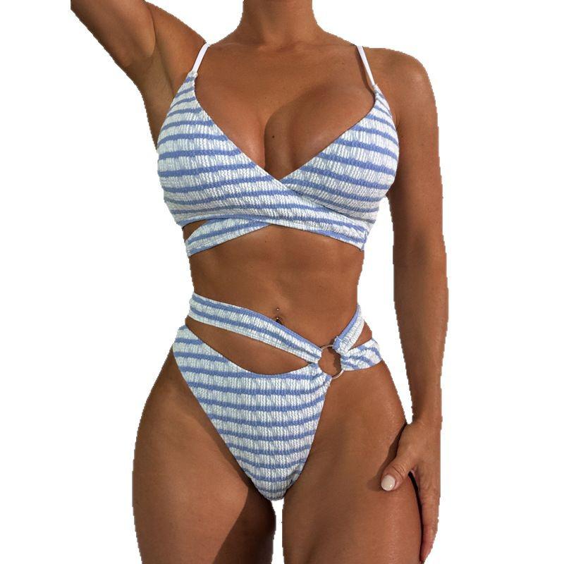 European & American Blue-White Striped Backless Bikini - Slimming & Sexy Fit for Small Chest Women