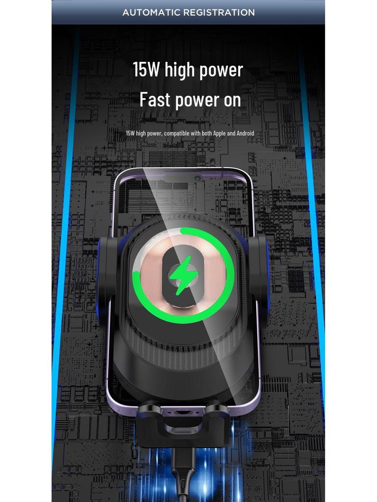 15W Car Wireless Charger & Phone Holder for Apple & Android with Three-Axis Linkage