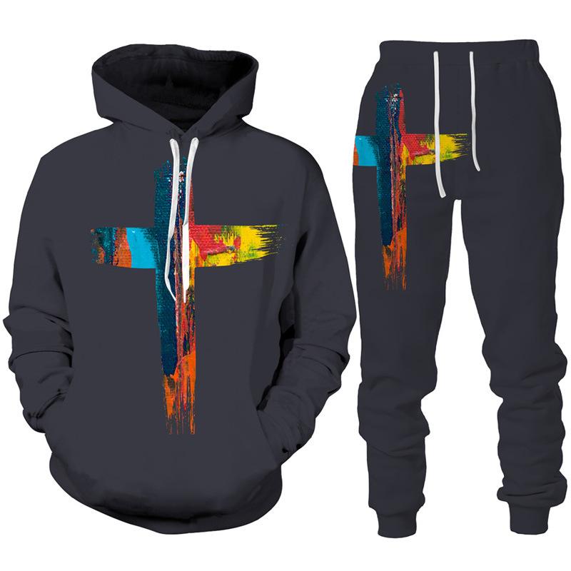 Spring Autumn Fashion Casual Men's Hoodies Set 3D Animal Lion Cross Printing Sweatshirts Sweatpants 2 Piece Set Men Clothing Suit