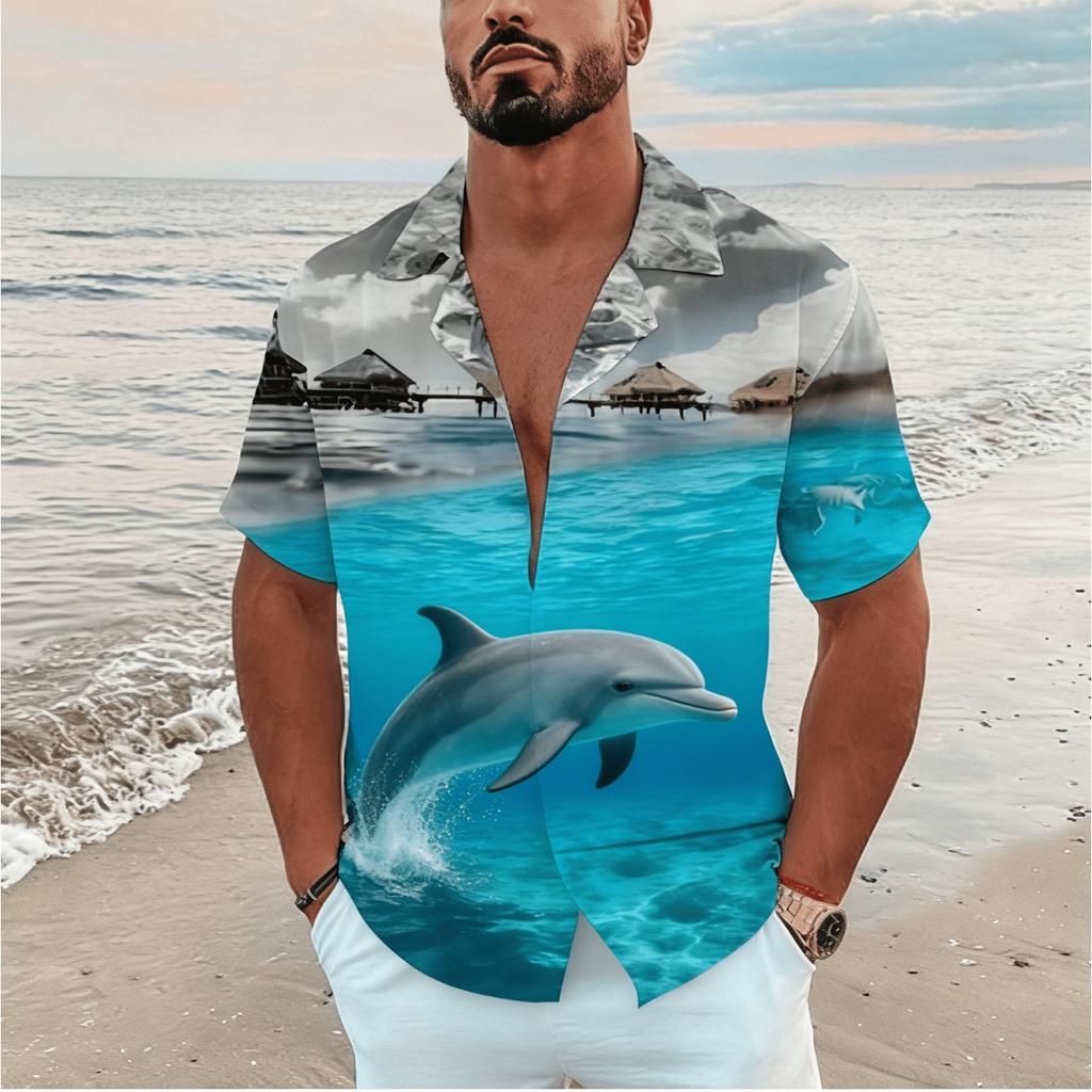 Men's Split View Ocean Animal Print Short Sleeve Shirt, Spring Summer Marine Vacation Blouse, Loose Casual Top
