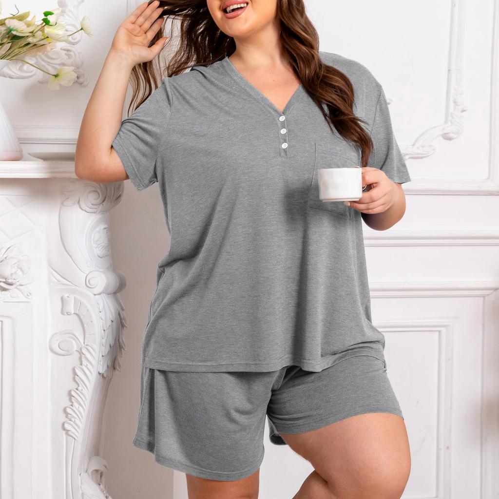 Plus Size Women's Two Piece Lounge Set Short Sleeve V Neck Top with Button Detail Elastic Waist Shorts Casual Sleepwear Set