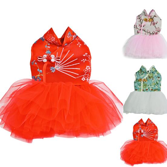 Haustier Tang Anzug Chinesischer Stil Verkleidung Hautfreundlich Haustierhunde Cheongsam Tüllkleid für Neujahr