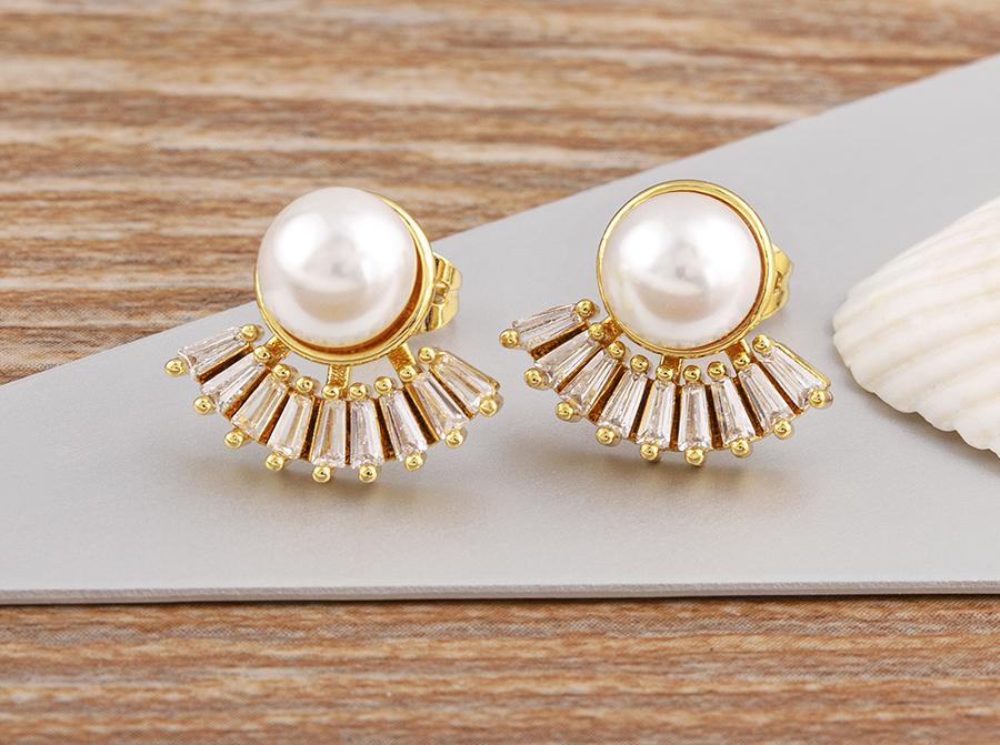 Nidin French Light Luxury Gold Color Natural Freshwater Pearl Stud Earrings For Women Korean Zircon Exquisite Party Jewelry Gift