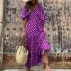 Women V Neck 3/4 Puff Sleeves Maxi Dress Bohemia Floral Print Stitching Flow Hem Loose Fit Beach Long Dress Casual Sundress