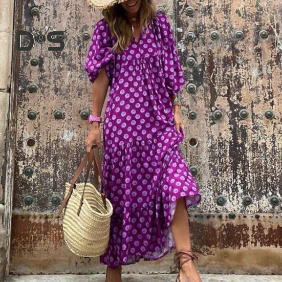 Women V Neck 3/4 Puff Sleeves Maxi Dress Bohemia Floral Print Stitching Flow Hem Loose Fit Beach Long Dress Casual Sundress