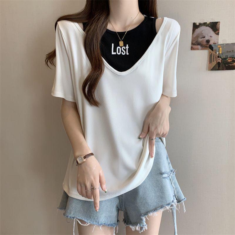 

Plus Size Women s Tummy-Concealing Printed Short Sleeve Hollow-Out Loose Slimming Two-Piece T-shirt XL білий