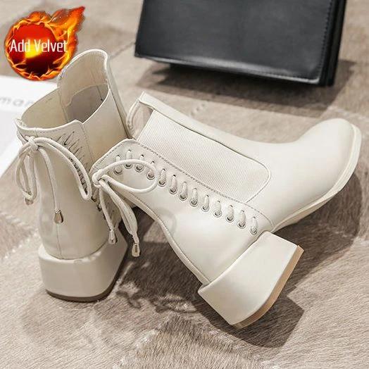 Fashion Short Shoes for Women Punk Style Booties with Laces Female Ankle Boots Elegant Medium Heels Footwear Lace-up Chelsea Combat Boot