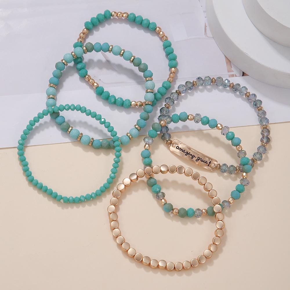 European and American jewelry, ethnic style crystal beaded bracelet 1-piece combination set, fashionable color elastic bracelet