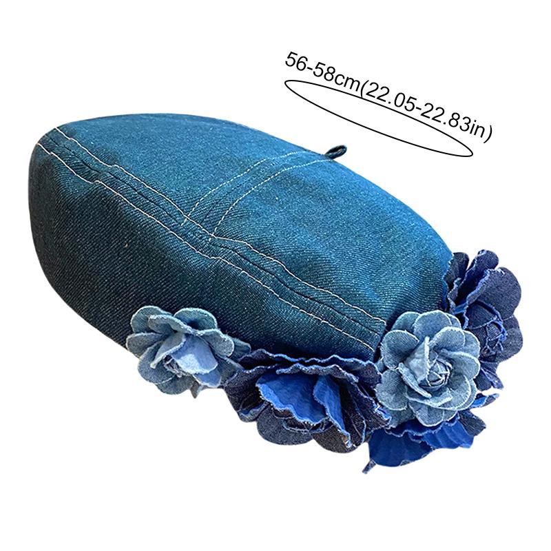 1PC Woman Vintage Blue Camellia Elegant Trendy Fashion Denim Fabric Painter Cap Beret