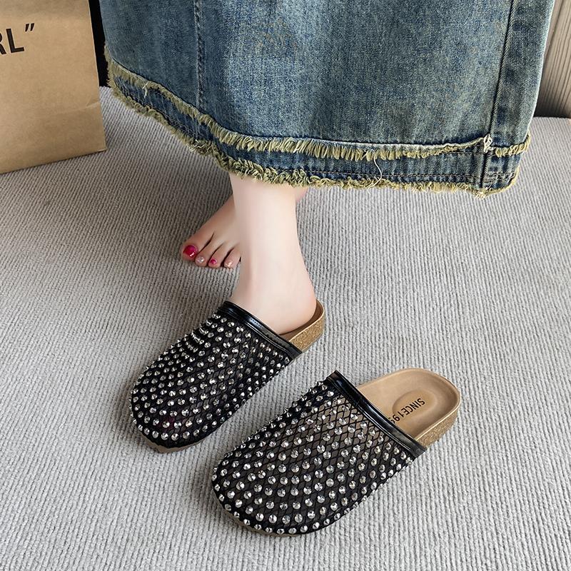 Fashion 2025 New Fashion Platform Mesh Rhinestone Baotou Drag Women's Outside Lazy Beach Sandals