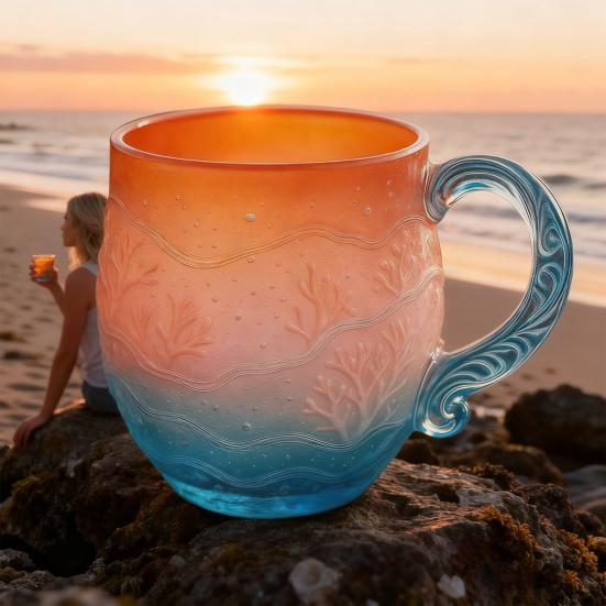 Yousheng Ocean Sunset Glass Mug Sea Inspired Coffee Cup with Wave Handle Gradient Colors Tea Cup for Hot Cold Drinks