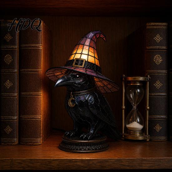 Halloween Room Decor Witch Hat Lamp Stained LED Light Table Lamp with Warm Glow Gothic Reading Nook Night Light for Bedroom Mantel Bookshelf