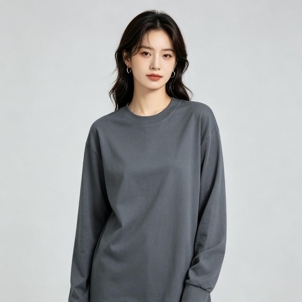 260G schwerer vielseitiger reiner Baumwoll-Rundhals-Pullover mit langen Ärmeln für Damen, einfaches einfarbiges Unterhemd, lockere Schultern, Kleidung mit langen Ärmeln