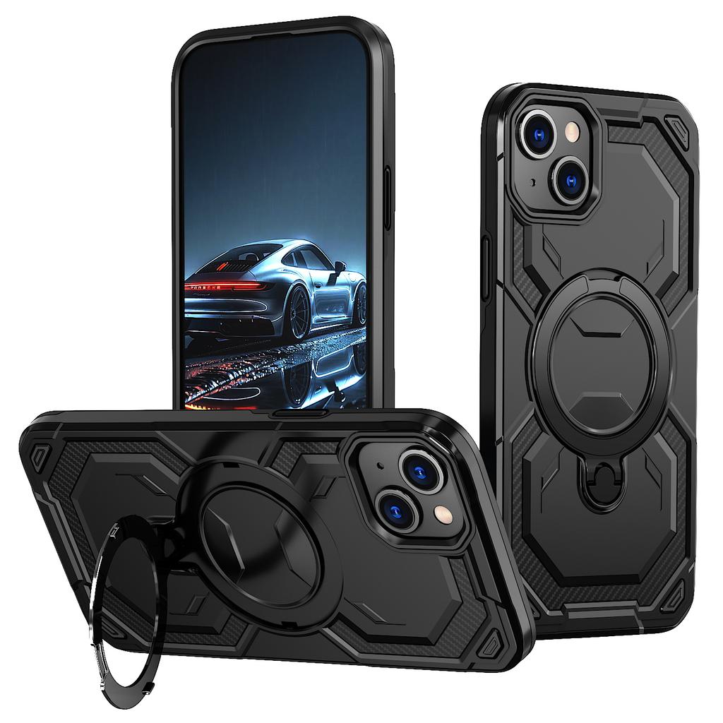 Pro iPhone 14 Magnetický kryt s kroužkem a stojánkem, hybridní kryt telefonu PC + TPU