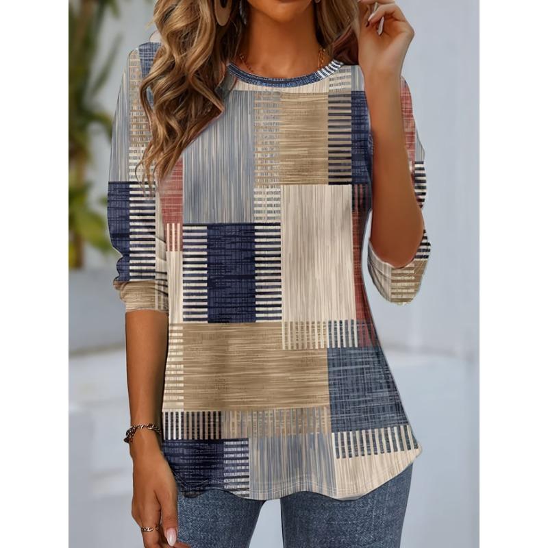 Plus size women's geometric color matching loose long-sleeved crew neck top - Casual, comfortable