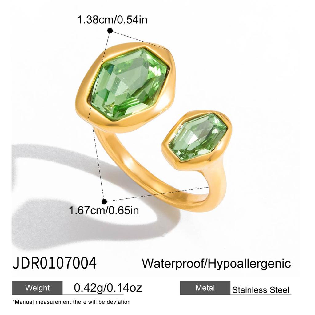 Youthway Modischer Grüner Zirkon Geometrischer Asymmetrischer Offener Ring Edelstahl Goldfarben Beschichtet Damenring Geschenk
