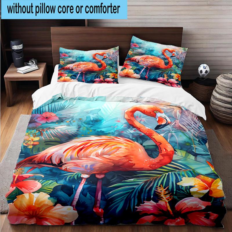 Flamingo In Tropical Paradise 3pcs Bedding,Including 1pc Duvet Cover And 2pcs Pillowcases Perfect for Christmas,Ideal for Bedroom, Dormitory