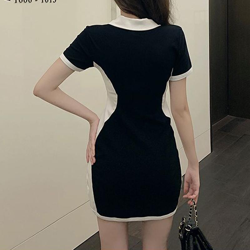 Summer Women Contrast Color Patchwork Polo Collar Bodycon Y2K Mini Dress Trendy Appliques Short Sleeve Sport Casual Dresses Ropa
