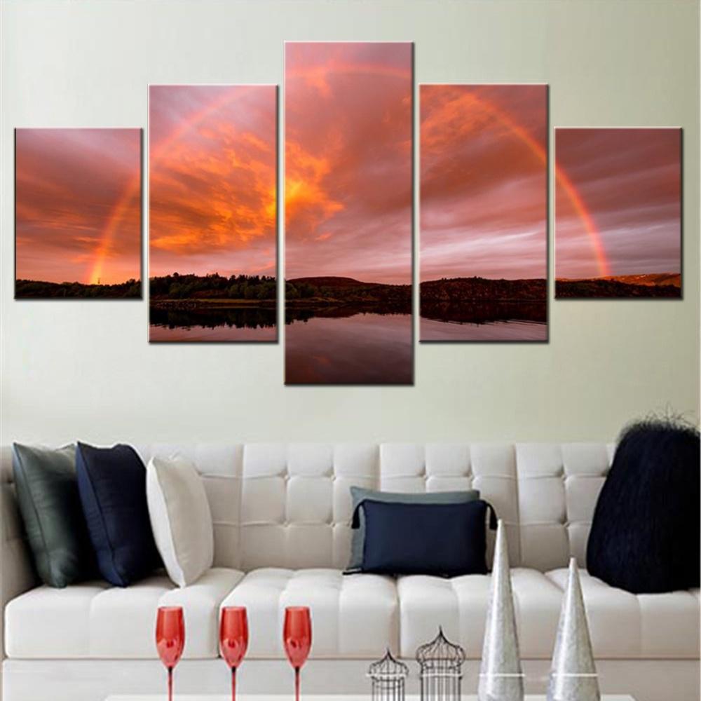 

5 Pieces Canvas Wall Arts Poster Painting Landscape Nature Mountains Rainbows River Lake Clouds Home Decor Picture Print Artwork 20x35 20x45 20x55cm