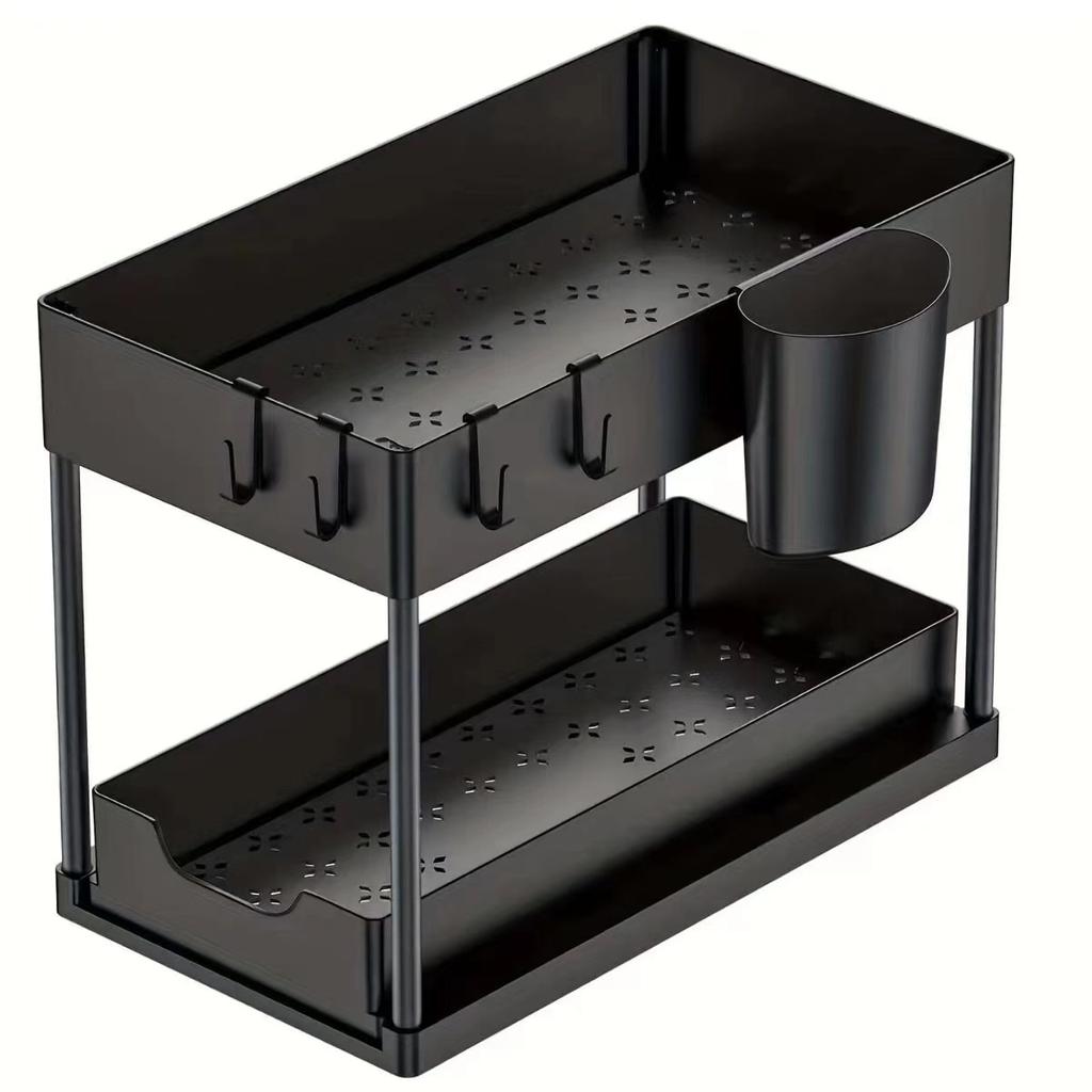 White Double-Layer Drawer Storage Rack, Multifunctional Storage Box with Hooks for Kitchen and Bathroom Countertop Sink Storage