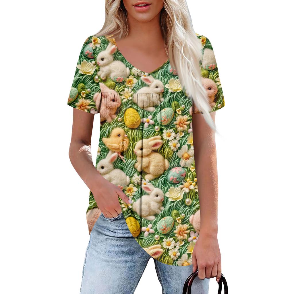 Ladies' Casual V-neck Short Sleeved Shirt With Pleated Easter Print On The Chest