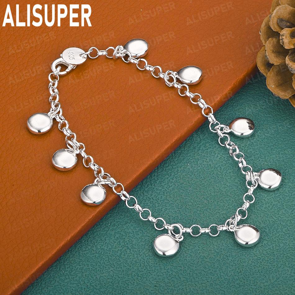 925 Sterling Silver Round Cake Side Chain Simple Bracelet Gift Jewelry 20CM