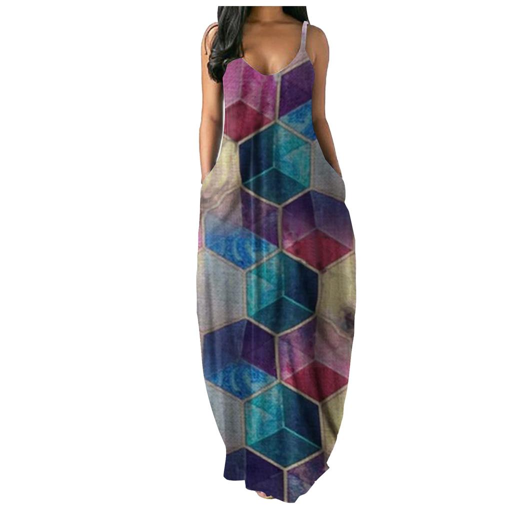 Women's fashion plus size women's polygonal print sexy deep V long dress