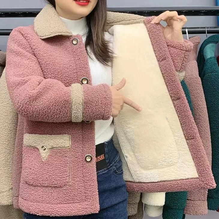 Jehněčí fleecová bunda Podzimní a zimní Modely Plus Sametová zhušťovací bunda s mateřským kožíškem Dámská Středně dlouhá