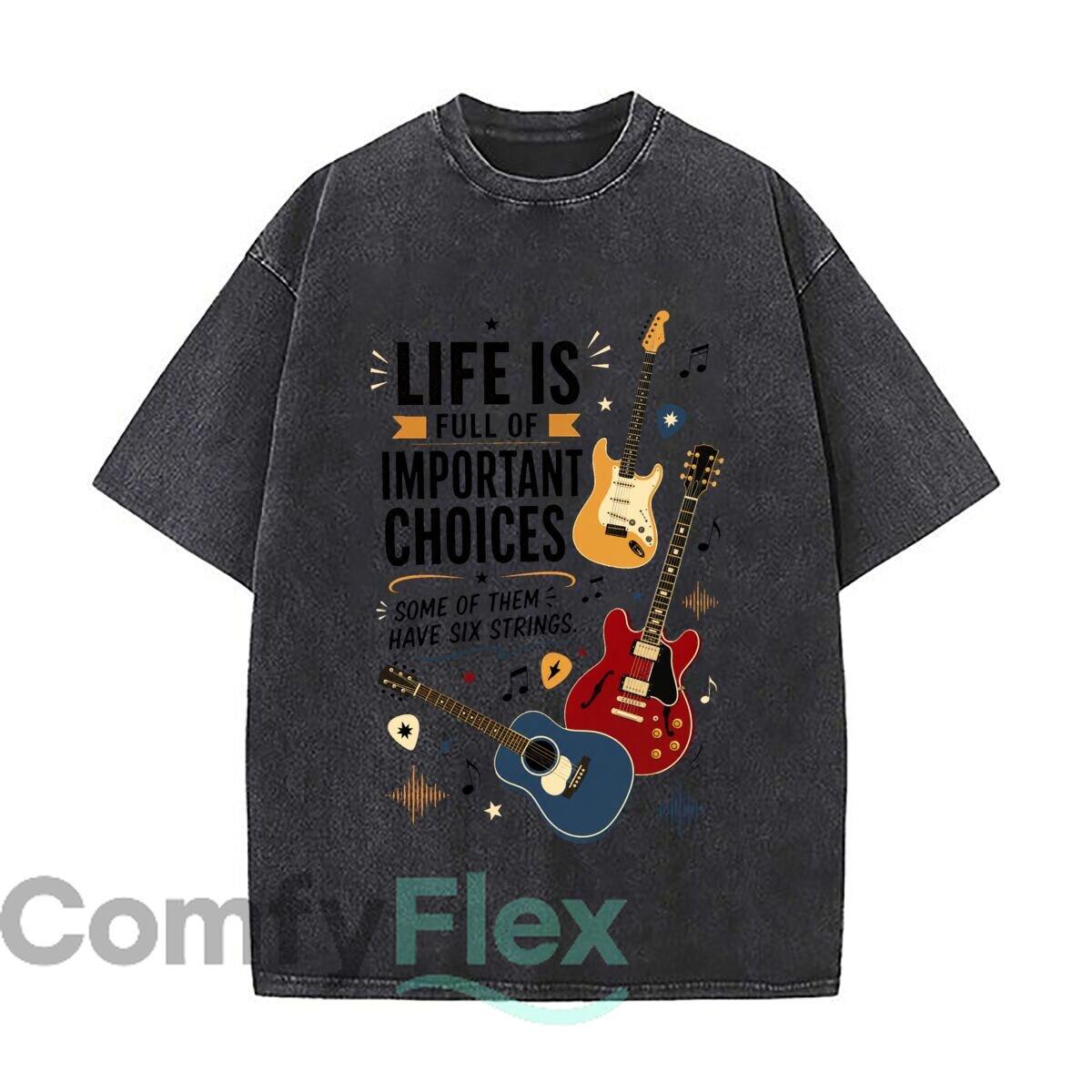 Important Choices Guitar Music Quote Retro Washed Distressed T Shirt Men Summer Casual Short Sleeve S
