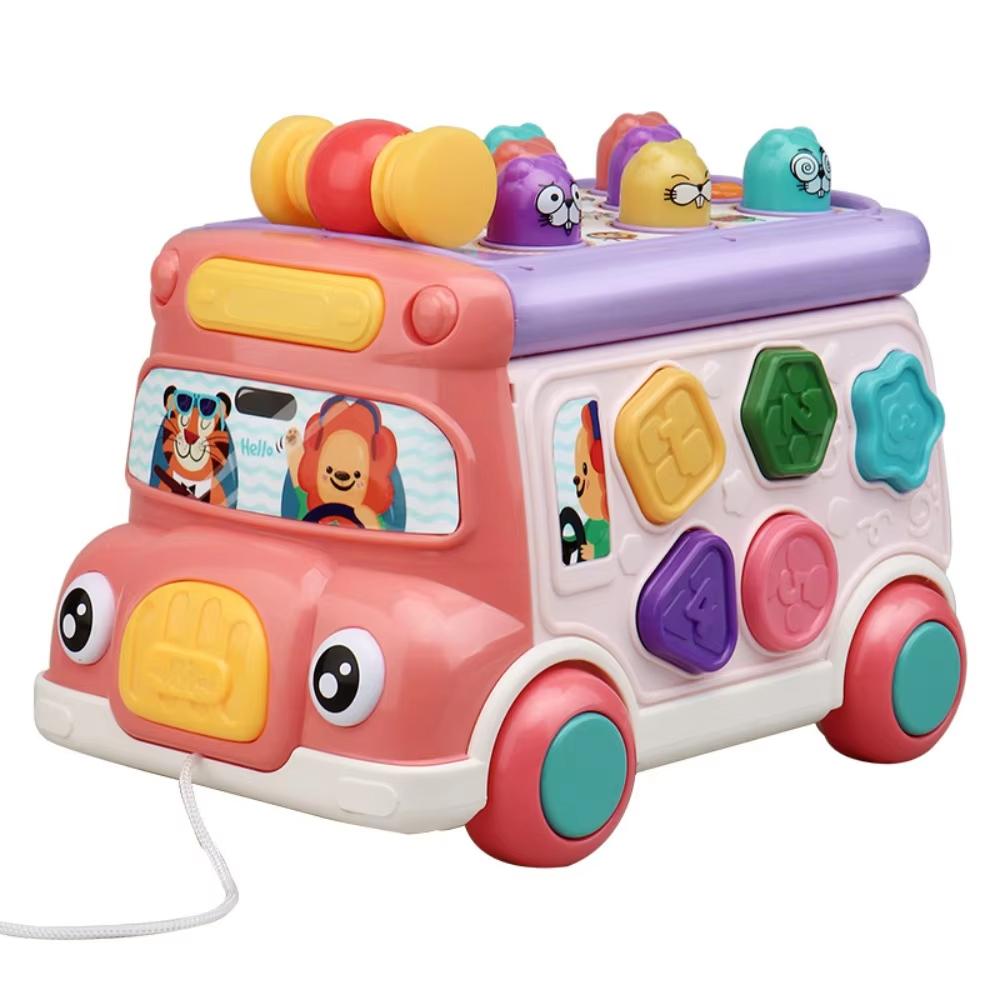Plastic Music Activity Bus Baby Montessori Interactive Game Bus Music Educational Toys Light Multifunctional Whack-a-Mole Toys