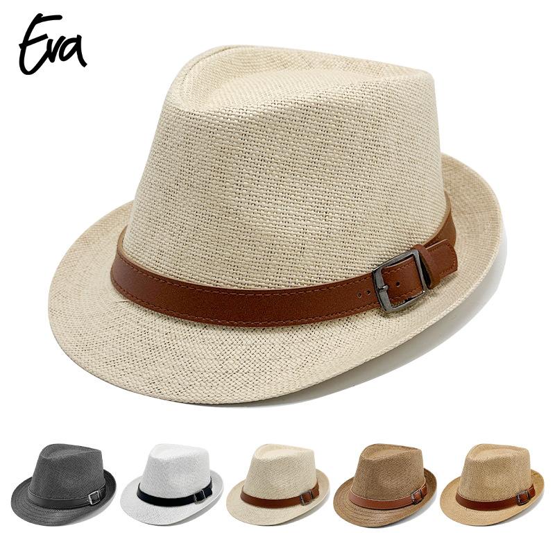 Straw visor holiday jazz hat short brim men's and women's beach hat belt buckle top hat trendy cool hat