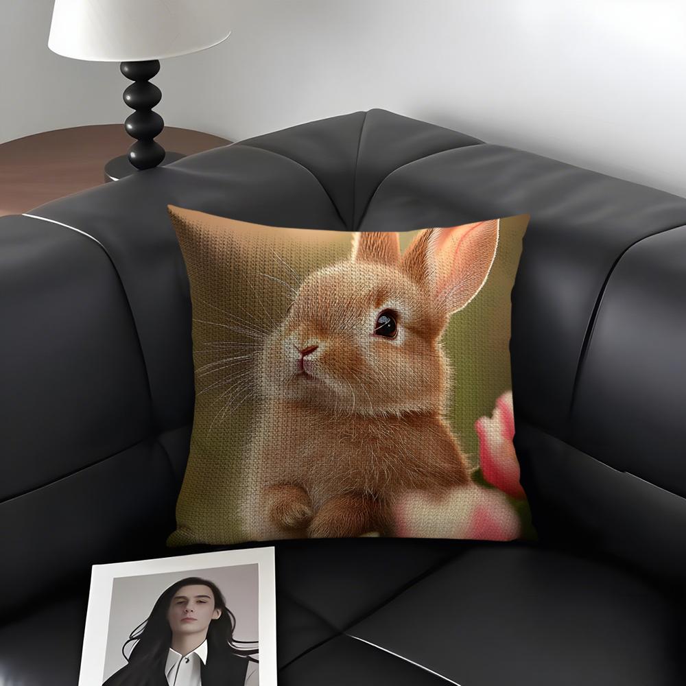 Rabbit Cute Cushion Cover Natural Linen Organic Fabric DoubleSided Printing Sofa Home Decor Gift Pillow Case