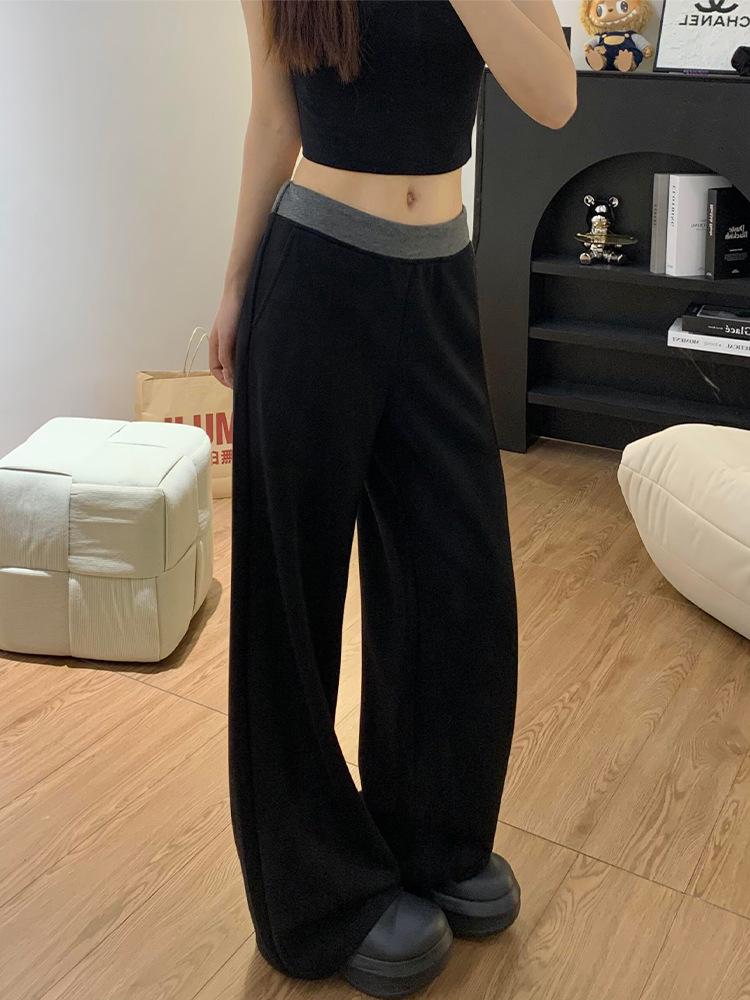 Women's Plus Size Fleece-Lined Black Patchwork Casual Wide-Leg Sweatpants for Autumn/Winter