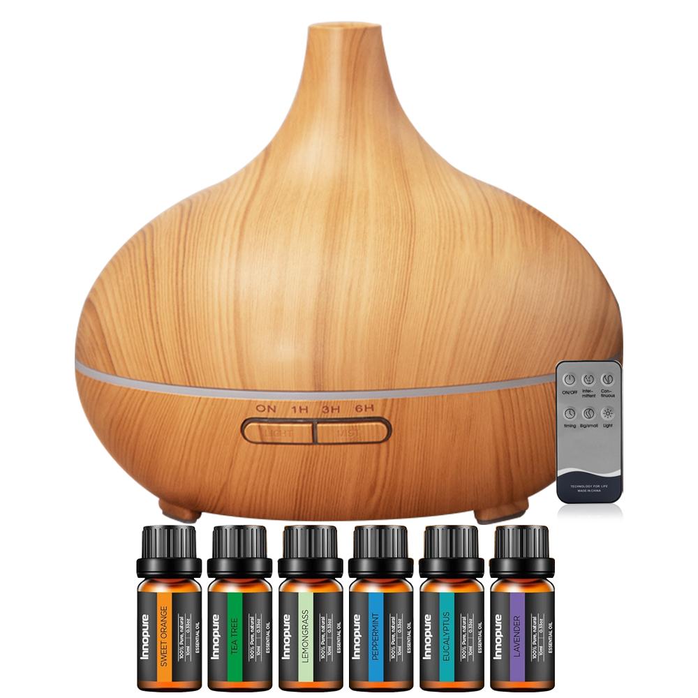 Aromatherapy Diffuser & 6 Essential Oils Set, 550ml Diffuser Ultrasonic Diffuser Cool Mist Humidifier with 4 Timers 7 Colors Lig