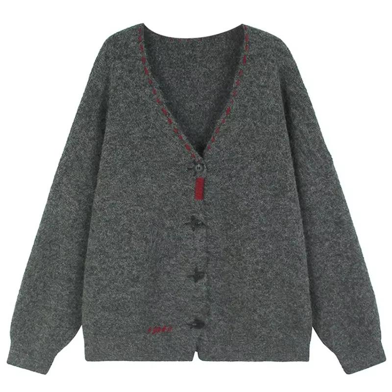 

Xitao Повседневный свободный крой однотонный свитер с длинными рукавами и V-образным вырезом GMM1046 One Size серый