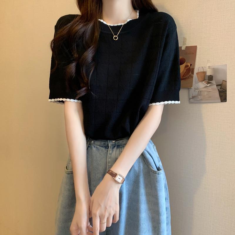 

2026 Plus Size Women s Ruffle Collar Solid Color Summer T-shirt XL Plus чорний