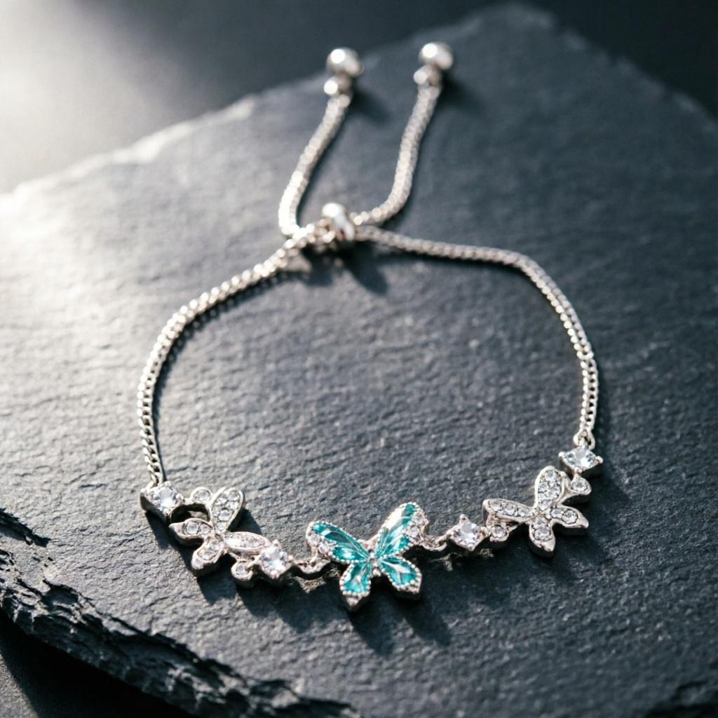 Vintage Fashionable Thick Silver-Blue Butterfly Charm Bracelet Pull-On Silver Plated Copper Alloy High-End Elegant Women's Hand