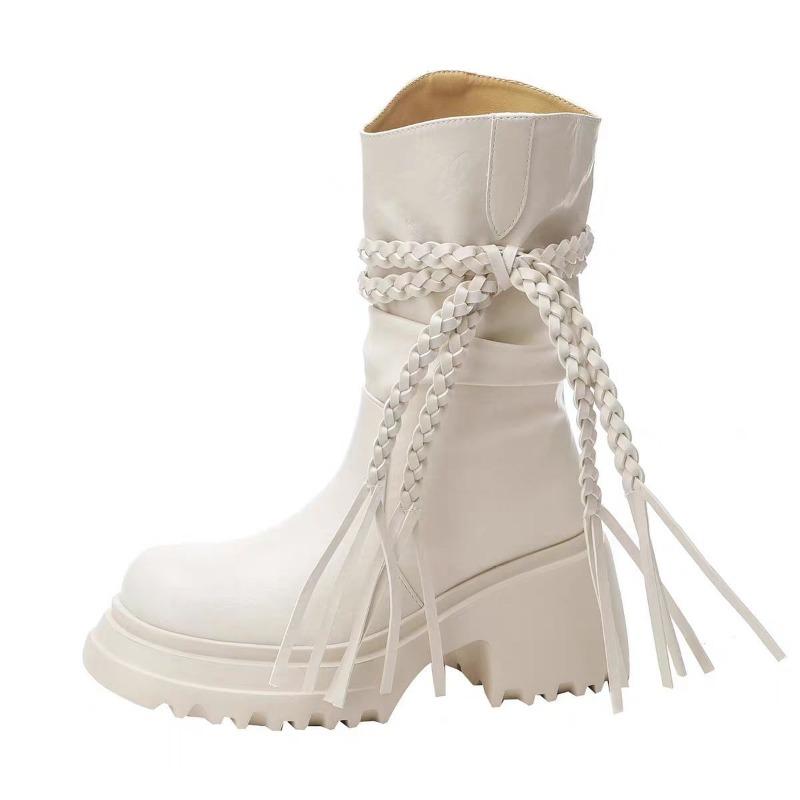

Retro tassel pleated piled boots women s autumn and winter new versatile thin round head thin Martin boots 40 бежевый