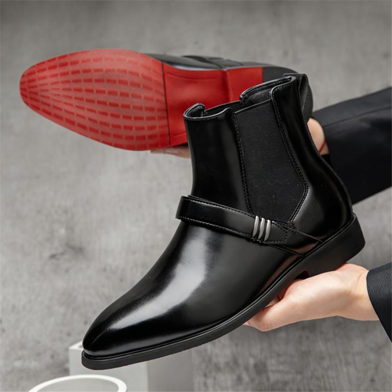 Winter Fashion Men's Black Red Slip On Pointed Business Casual Ankle Boot Male High Tops Chelsea Leather Shoes Zapatos Hombre