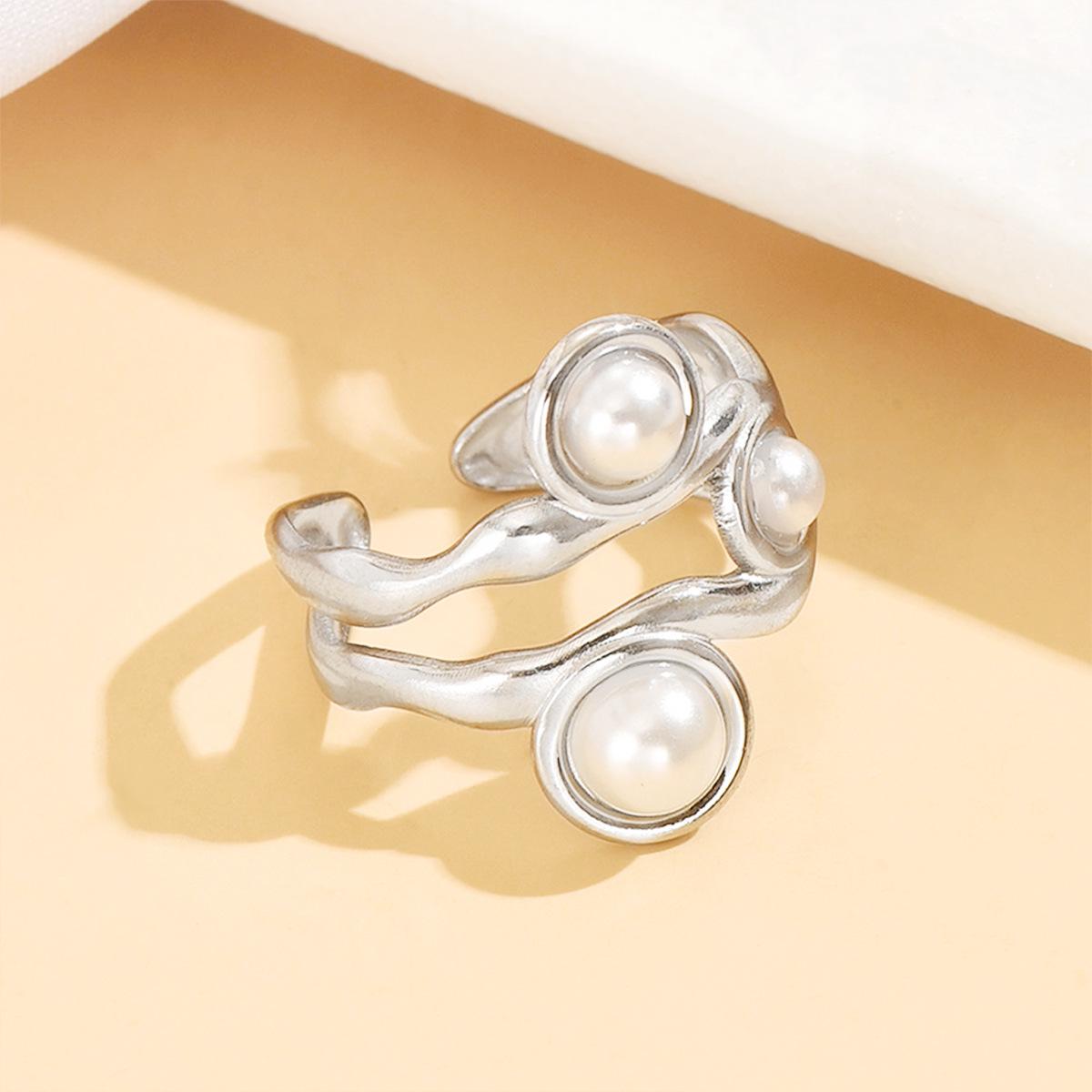 Stainless Steel Retro Baroque Geometric Open Ring with Faux Pearl for Women