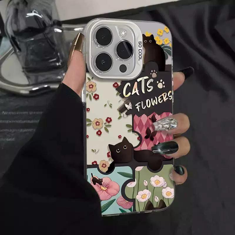 

Cute Black Cat Floral Aesthetic Clear Phone Case, Kawaii Garden Soft Shockproof Protective Cover for iPhone XIAOMI 17 Ultra різнокольоровий
