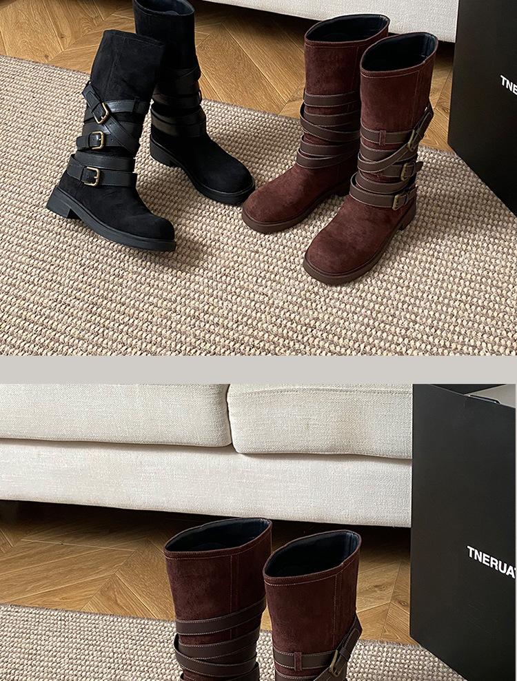 Retro niche belt buckle thick heel Martin boots 2025 new autumn and winter round head versatile sleeve locomotive boots women