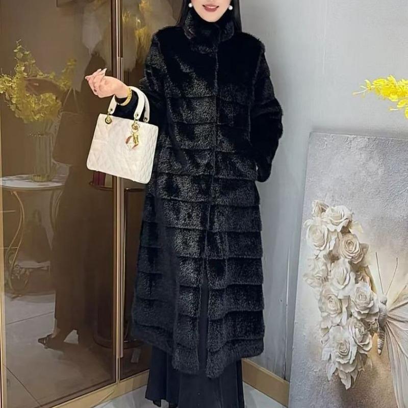 Elegant Winter Thick Faux Mink Fur Long Coat Stand Collar Warm Stylish Women Outerwear Jacket