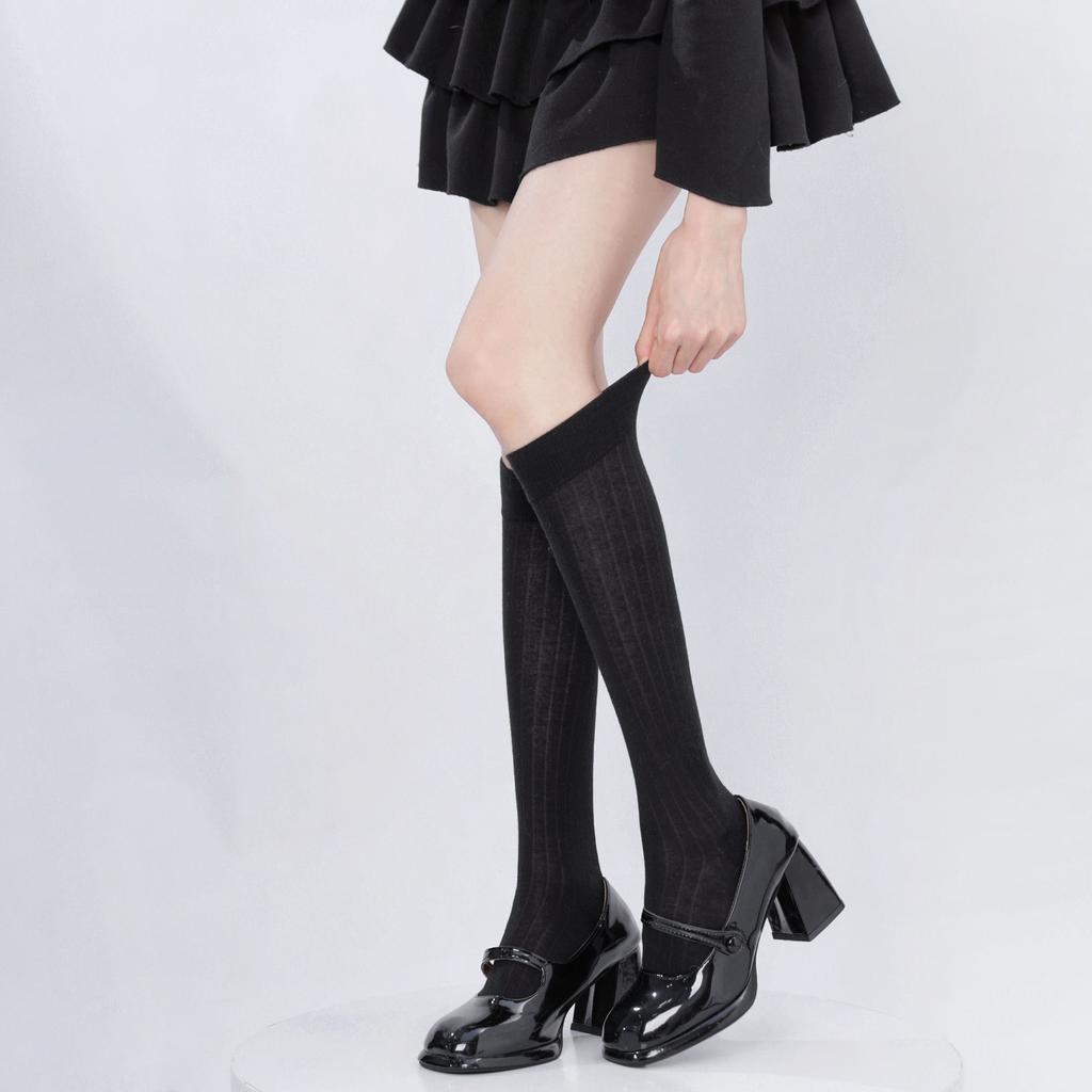 Women's simple knitted mid-calf socks, spring/summer thin vertical striped stacked socks jk Gray socks in ballet style