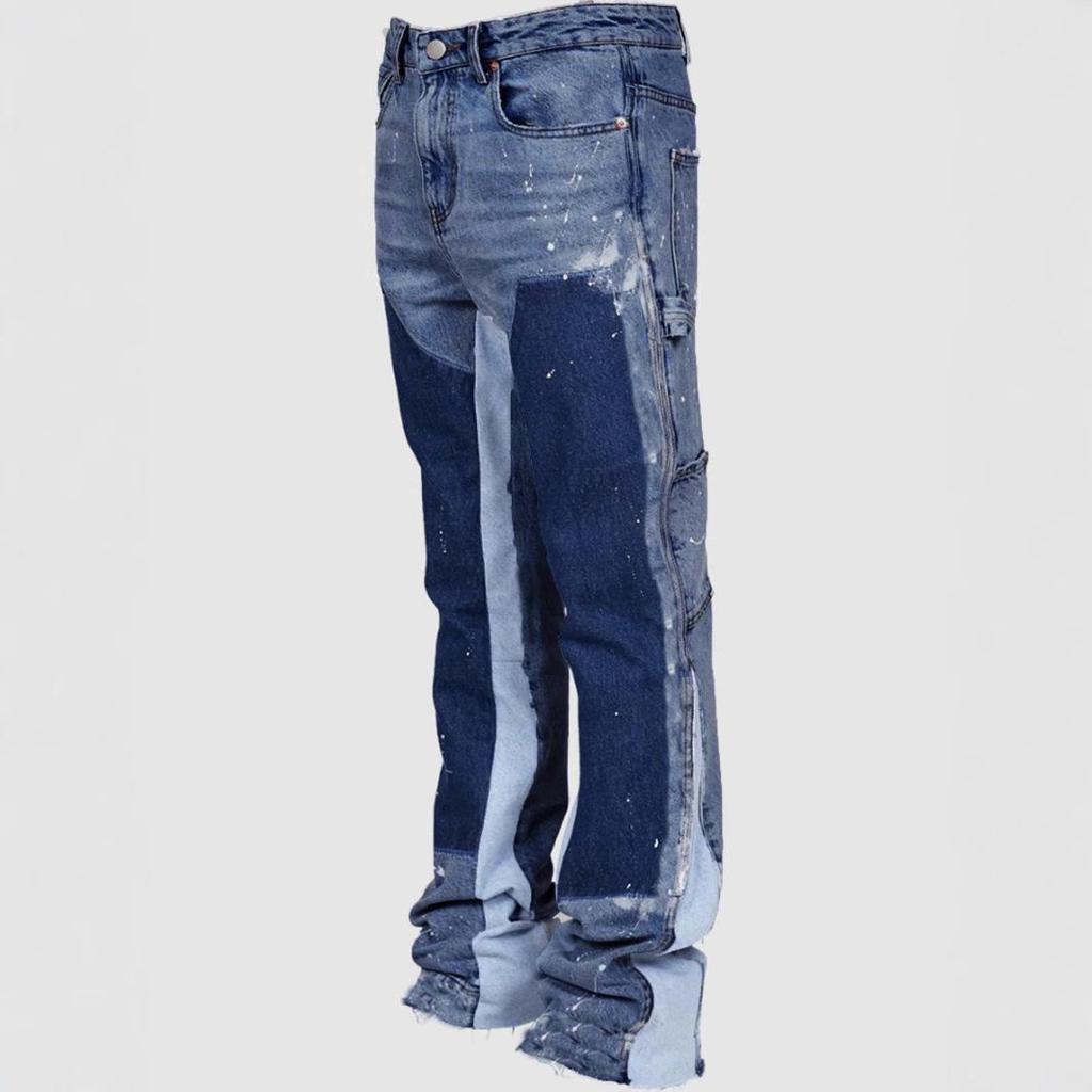 Salopete din denim la modă pentru bărbați - Pantaloni evazați cu plasture elastice în stil european și american