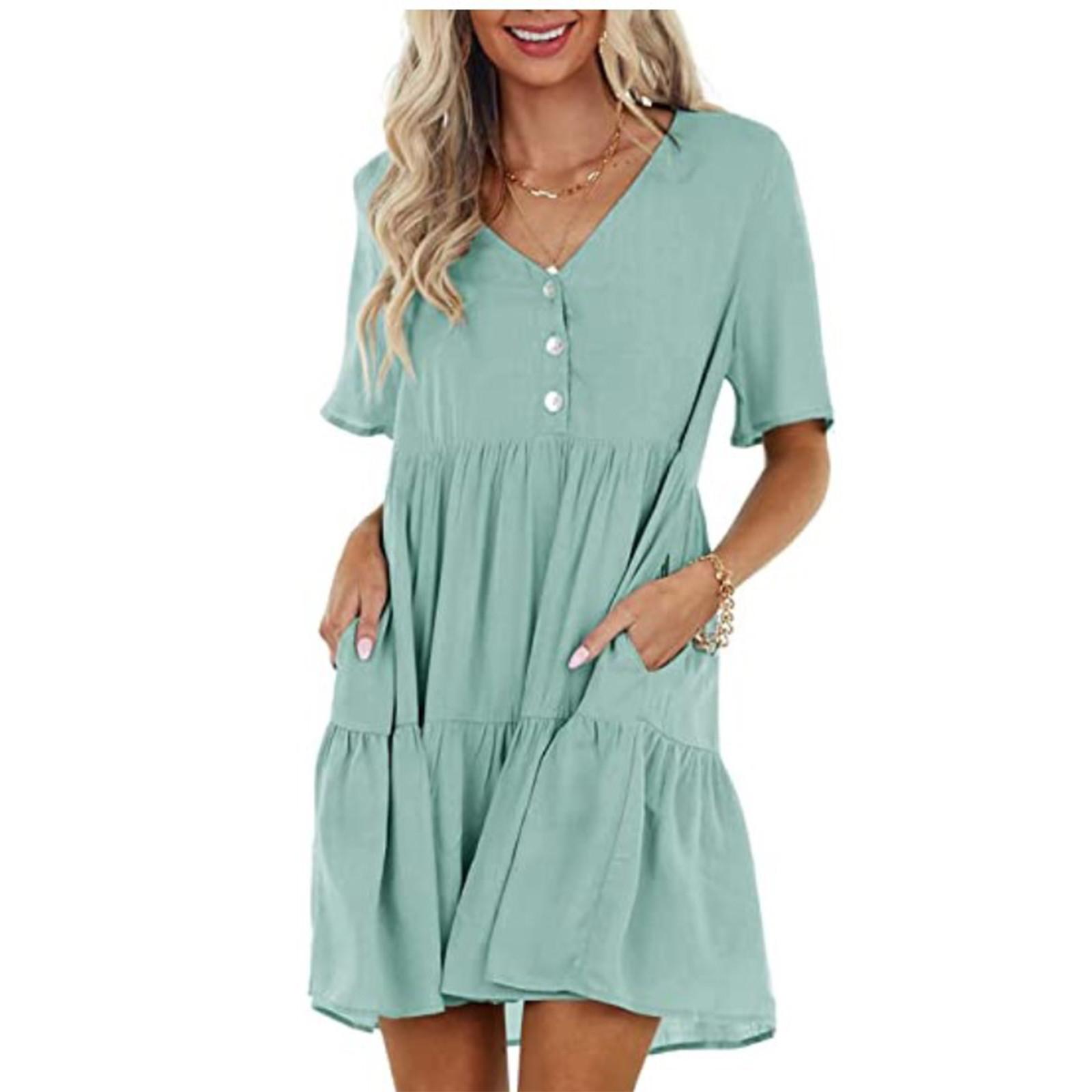 Женское летнее однотонное платье с v-образным вырезом и пуговицами — фото 9